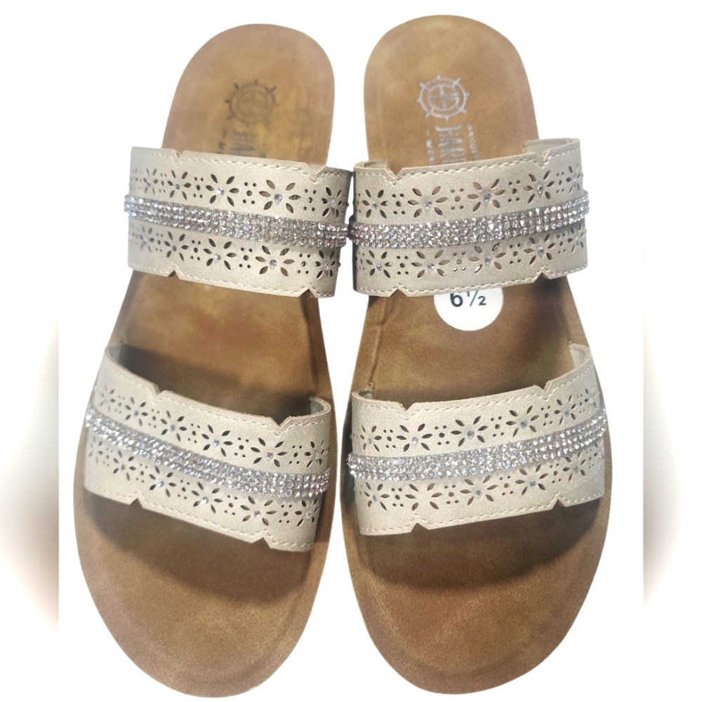 Harborsides Cream and Silver Sandals with Laser-Cut Design